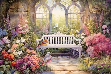 A painting of a bench, flowers, garden, window, and birds. Generative AI