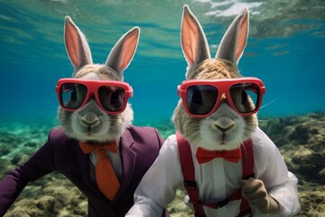Easter bunnies searching for eggs underwater while snorkeling on a holiday vacation. Generative AI - obrazy, fototapety, plakaty