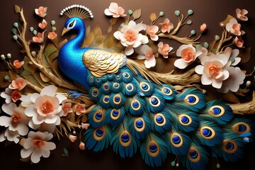 Decorative artwork featuring vibrant peacock, golden jewelry, and floral 3D design on wooden wallpaper. Perfect for framing on walls. Generative AI