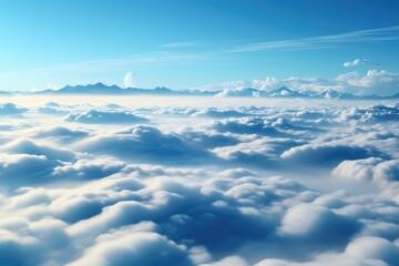 Fototapeta premium A background image capturing the ethereal beauty of a sea of fluffy clouds seen from an aerial perspective, evoking a sense of serenity and wonder. Photorealistic illustration