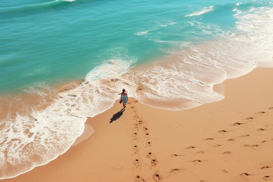 A background image for creative content, capturing a woman walking on the sandy shore, with gentle waves washing ashore in the emerald-colored seawater. Photorealistic illustration