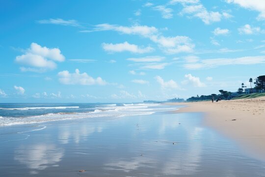 A background image for creative content featuring a tranquil sandy beach with gentle waves and a clear blue sky overhead. Photorealistic illustration