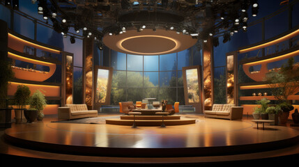 Professional broadcast tv studio studio. News room interior - obrazy, fototapety, plakaty
