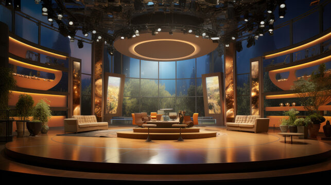 Professional broadcast tv studio studio. News room interior