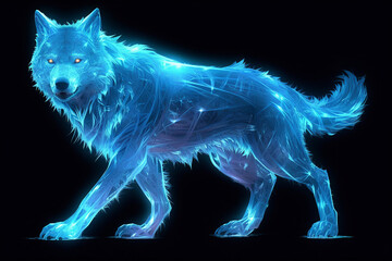 A blue spirit wolf stands in the dark. (Generative AI)