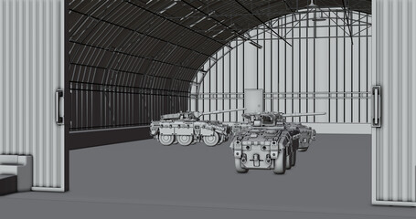 wheeled military tanks at the base, the squad is preparing for a mission, black-and-white drawing style, abstraction, 3d render