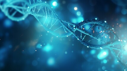 Medical Innovation: Illuminated DNA Code - A captivating medical concept featuring a vibrant blue banner bathed in sunlight, with an intricate spiral DNA polygonal structure. Generative AI Image