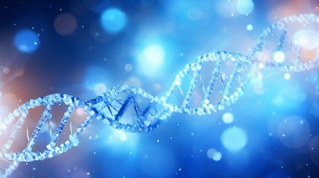 Medical Innovation: Illuminated DNA Code - A captivating medical concept featuring a vibrant blue banner bathed in sunlight, with an intricate spiral DNA polygonal structure. Generative AI Image