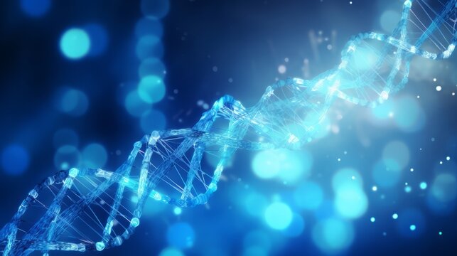 Medical Innovation: Illuminated DNA Code - A captivating medical concept featuring a vibrant blue banner bathed in sunlight, with an intricate spiral DNA polygonal structure. Generative AI Image