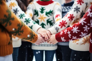 people wearing ugly sweater in circle hand united. Generative AI