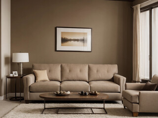Beautiful cozy living room, cozy interior design with warm brown color