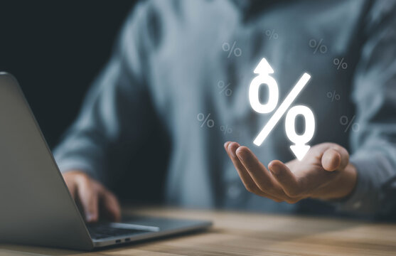 percent icon. concept of interest bank, debt, tax, and loan percentage. inflation increases economic, and business profit growth or low-down. interest rate rises high or decreases.
