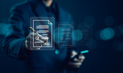 businessman signs form agreement online technology on the phone. concept of used signature in transaction business, bank, document electronic smart contract, signature on form agreement digital.