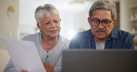 Old couple, laptop and paperwork, bills and taxes online with budget, life insurance and retirement fund. People at home with policy document, savings and asset management, finance and investment