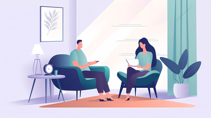 Psychologist listening to patient at mental therapy session. Personal mental health concept.Flat vector illustration.