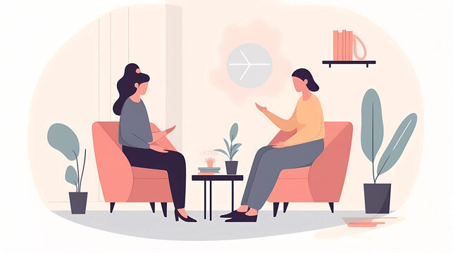 Psychologist listening to patient at mental therapy session. Personal mental health concept.Flat vector illustration.