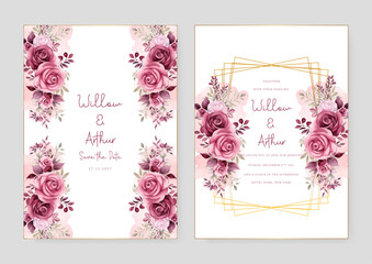 Pink and red rose elegant wedding invitation card template with watercolor floral and leaves