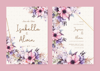 Pink and purple violet peony set of wedding invitation template with shapes and flower floral border