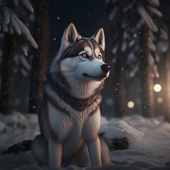 Dynamic exciting highly detailed action illustration of a cute friendly husky sitting in the snow in a frozen forest at night blue eyes moonlight fog blizzardDark fantasyDynamic pose DD DnD 