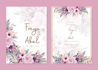 Pink and purple violet rose and poppy modern wedding invitation template with floral and flower