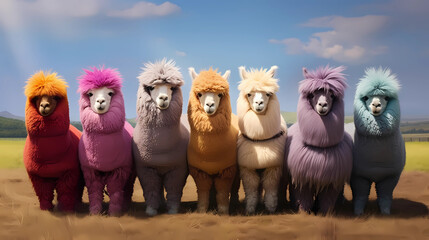 a group of alpacas in a field with woolly coats forming a beautiful rainbow