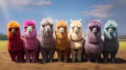 Printed roller blinds Vinicunca a group of alpacas in a field with woolly coats forming a beautiful rainbow