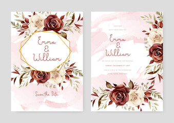 Beige and red brown rose artistic wedding invitation card template set with flower decorations