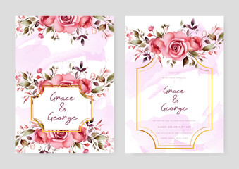 Fototapeta na wymiar Pink rose wedding invitation card template with flower and floral watercolor texture vector