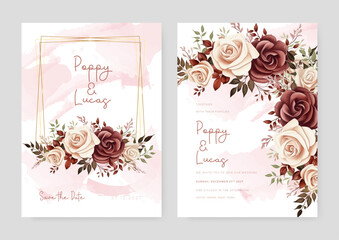 Beige and red brown rose beautiful wedding invitation card template set with flowers and floral