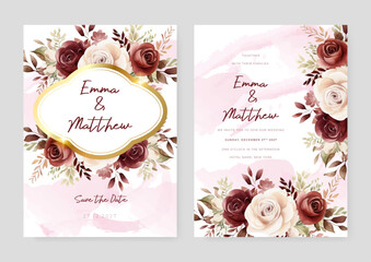 Beige and brown rose elegant wedding invitation card template with watercolor floral and leaves