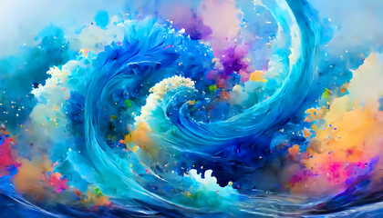 青い波と水しぶきが渦巻く抽象的な背景 - obrazy, fototapety, plakaty