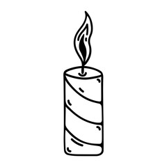 Burning wax candle vector icon. Striped thin candle for a church wedding ceremony, marriage, holiday. Hand drawn doodle, black outline isolated on white. Clipart for print, posters, cards