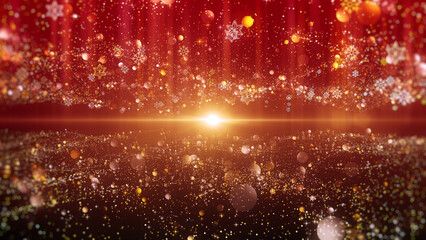 Christmas background with gold particles and snowflakes glittering lights.