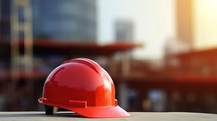 Foto op Plexiglas red hard hat on a construction site © Adriana