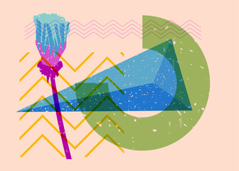 Risograph flower with geometric shapes. Botany object in trendy riso graph design with geometry elements.