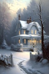 This is a beautiful snow scene the country cottage in cottageville was covered with heavy snow the steps and trees are covered with thick snow snowflakes danced in the light the background is light  - obrazy, fototapety, plakaty