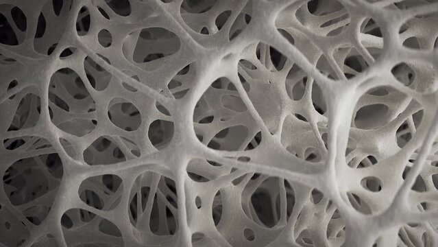 Camera dolly revealing healthy bone tissue, electron microscope, 3d animation.