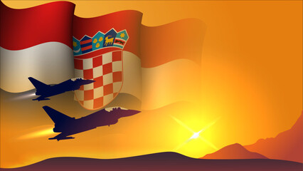 fighter jet plane with croatia waving flag background design with sunset view suitable for national croatia air forces day event