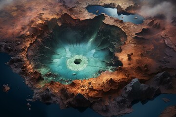 Bird's eye view of crater with a sulfurous lake inside. Generative AI