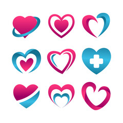 Set of Heart Medical Gradient Modern Alphabet Logo Vector Simple Business Design Template Initial Hospital Care Love Icon Objects.