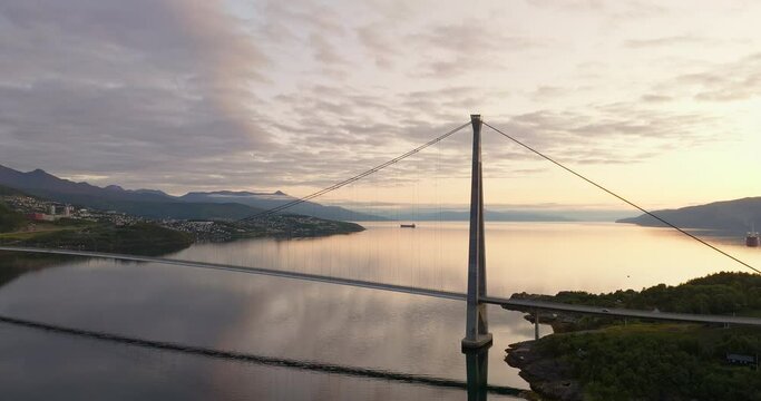 Halogaland suspension bridge spanning Rombaksfjorden, Narvik. Sunset drone