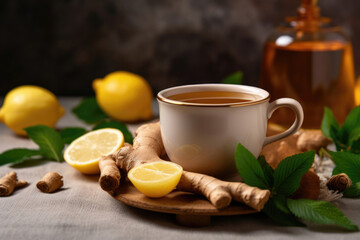 Obraz na płótnie Canvas Cup of ginger tea with lemon, honey and mint