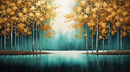  Modern canvas art with golden forest on turquoise and dark blue background. 