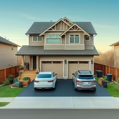 Beige two story residential home with two cars parked on the blacktop asphalt driveway - obrazy, fototapety, plakaty