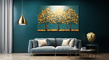  Modern canvas art with golden forest on turquoise and dark blue background. 
