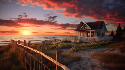 Poster BEACH HOUSE AT SUNRISE - Coastal beach house cabin with dramatic sunset sky and clouds, fence in foreground. Canadian morning, storm on horizon. Toronto, Ontario, Canada   © anime