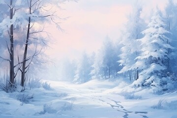 Fototapeta na wymiar Winter landscape with snow covered trees and pale fog. Serene woodland banner. Generative AI