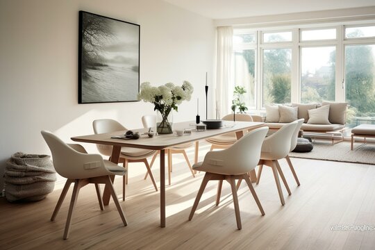 Stunning Nordic dining area in a roomy living room, featuring a sleek table. Generative AI