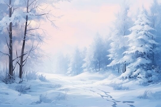 Winter landscape with snow covered trees and pale fog. Serene woodland banner. Generative AI