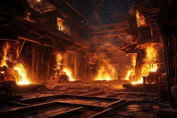 A facility that melts iron and processes it into steel, with sparking metal in a foundry or steel mill. Generative AI